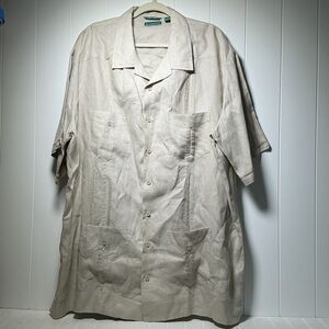Cubavera Shirt Mens 2XLT Linen Guayabera Camp Button Front Short Sleeve Beige